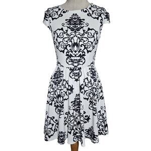 White and Black Printed Mini Dress with Mesh Back Size 8